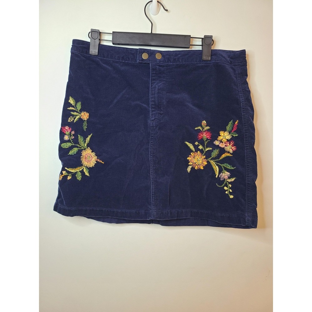 Wm 10 Skirt Blue Corduroy Embroidered Floral A-Line Preppy Collegiate Y2K Indie